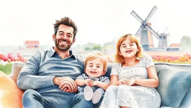 Hollanda'da aileler için uygun ve çeşitli konaklama alternatiflerini sergileyen modern bir tatil evi veya otel odası.