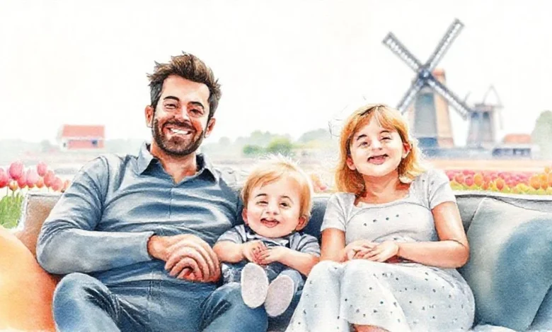 Hollanda'da aileler için uygun ve çeşitli konaklama alternatiflerini sergileyen modern bir tatil evi veya otel odası.