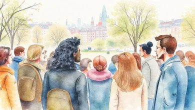 Lahey'deki kültürel farklılıklar ve uyum sürecini anlatan görsel. Çeşitli kültürlerden insanların uyum içinde etkileşimi.