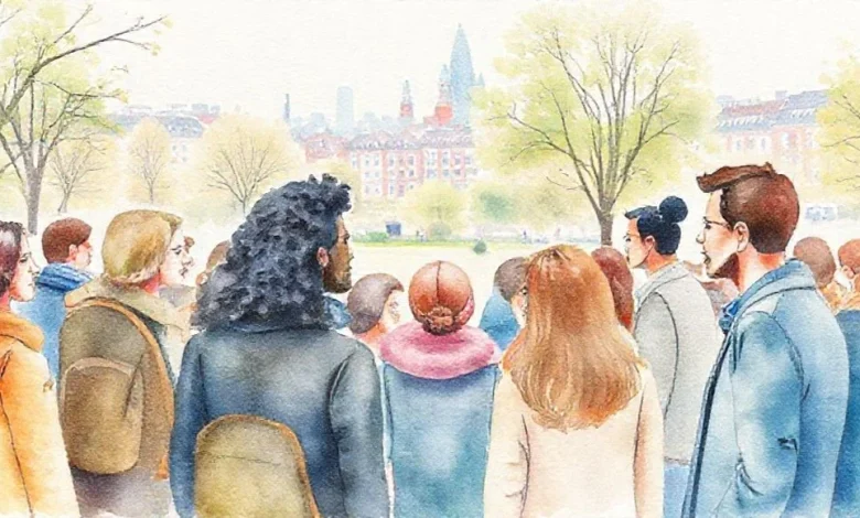 Lahey'deki kültürel farklılıklar ve uyum sürecini anlatan görsel. Çeşitli kültürlerden insanların uyum içinde etkileşimi.