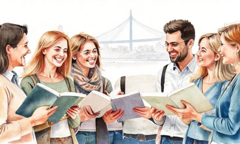 Rotterdam'da dil öğrenme kaynakları ve yöntemlerini gösteren bir çalışma masası. Kitaplar, bilgisayar ve notlar.